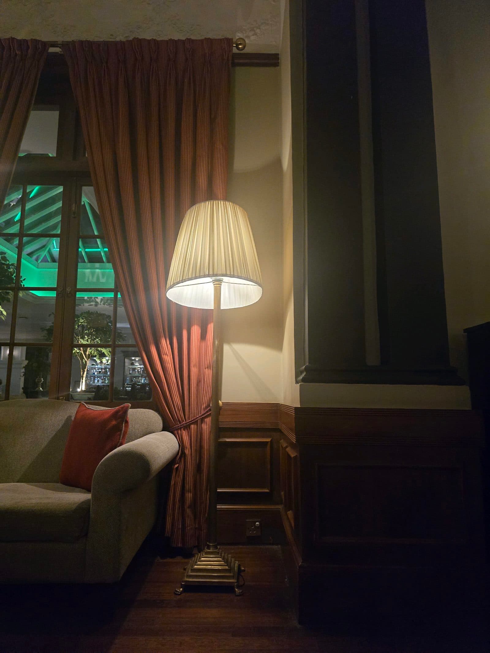 Vintage brass floor lamp with pleated fabric shade (good condition)