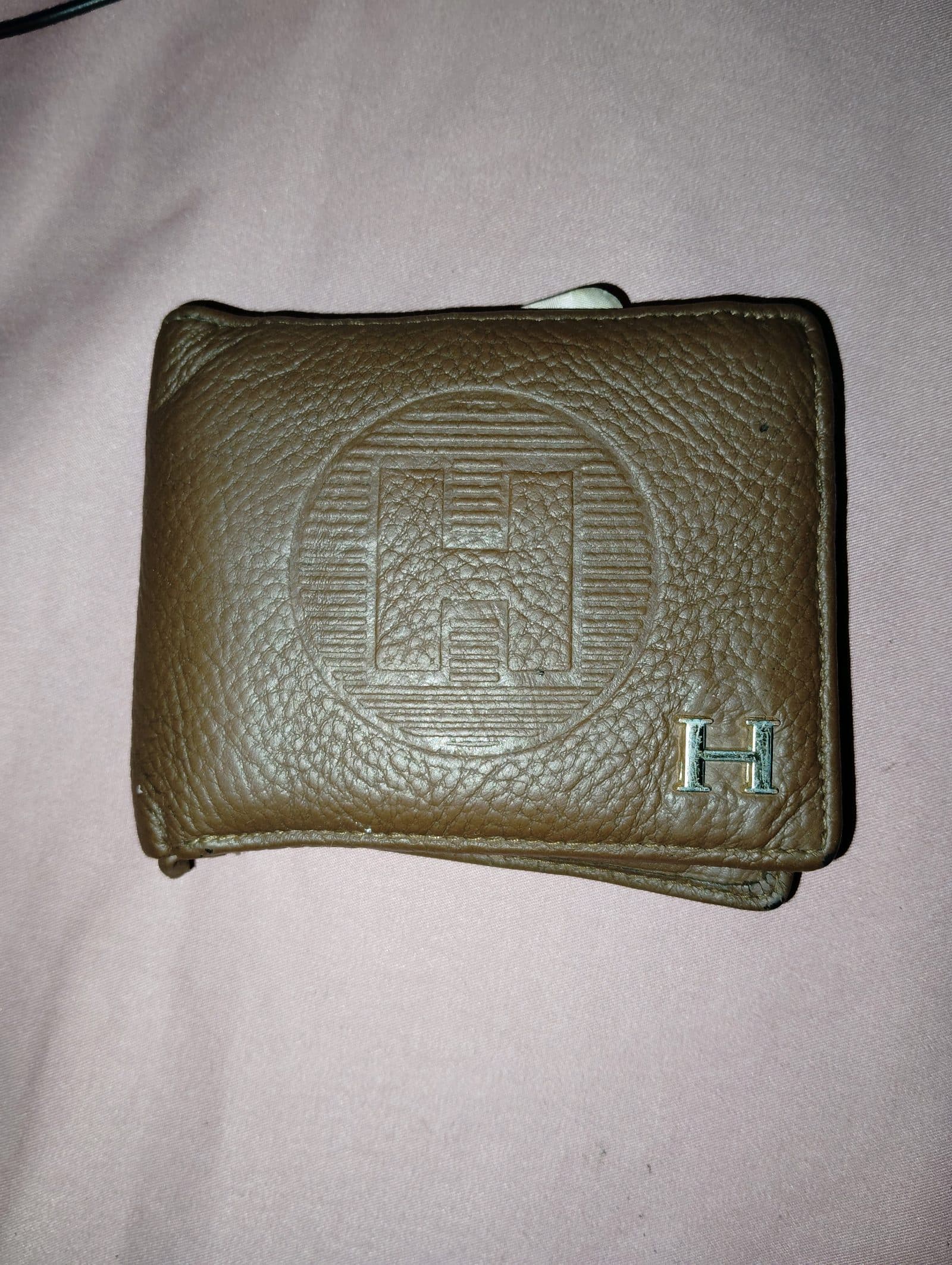Brown leather men's bifold wallet (H emblem) — used, good condition